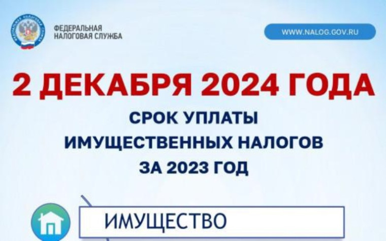 Срок уплаты имущественных налогов до 2 декабря 2024г. Срок уплаты имущественных налогов до 2 декабря 2024г.